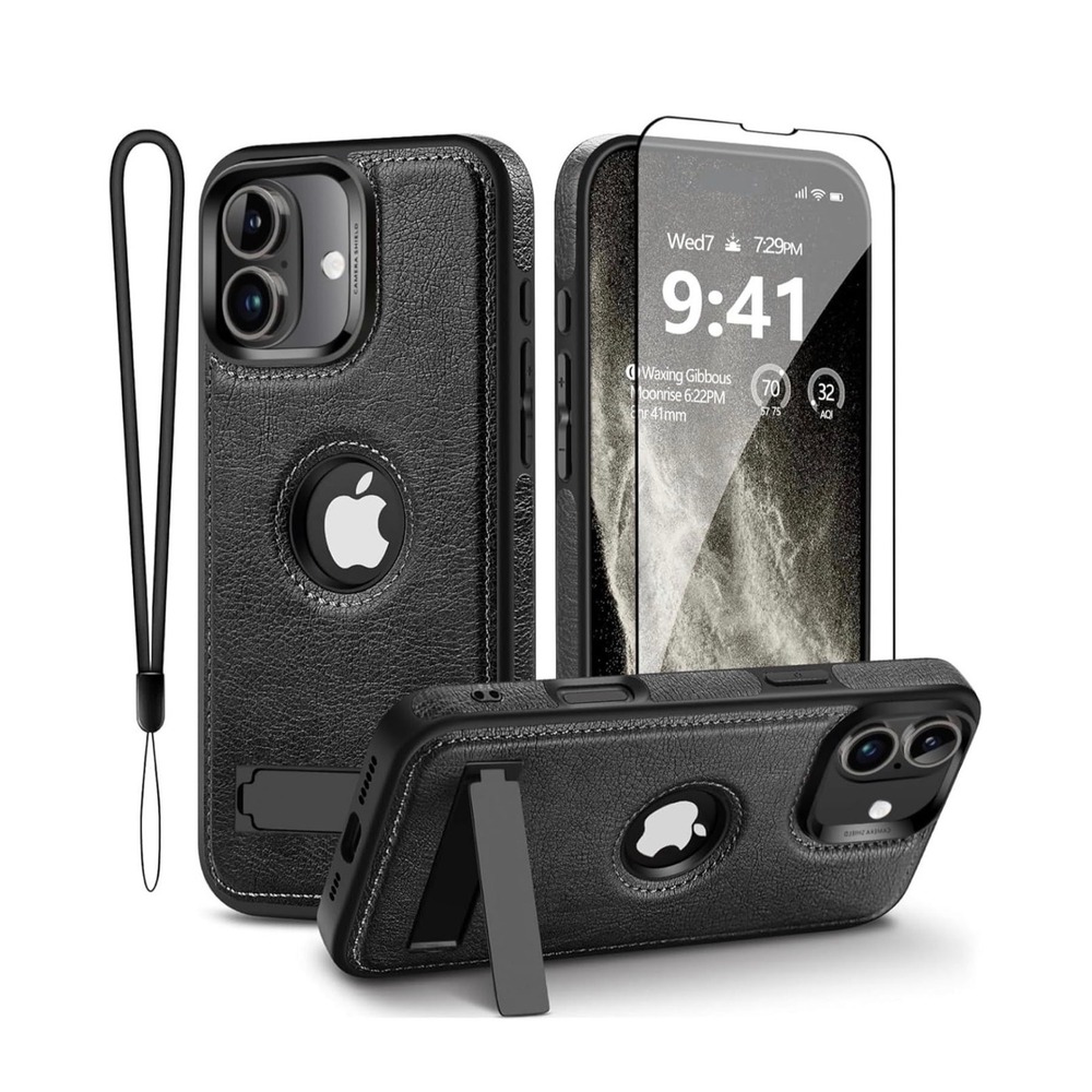 Black Leather MagSafe Case iPhone 16 Pro Max with Kickstand & Screen Protecter